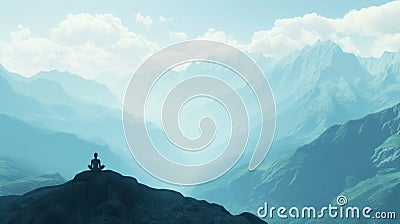A serene mountain landscape with a meditator in lotus position Stock Photo