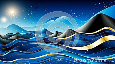 Serene mystical fantasy blue-toned landscape with golden highlights and stylized waves Stock Photo