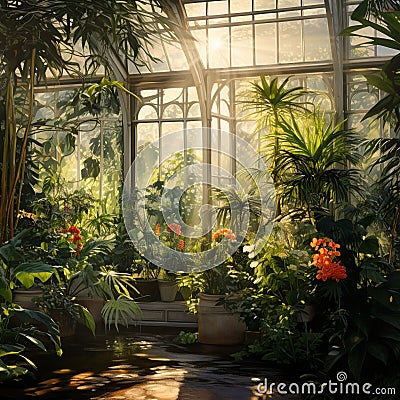 Serene and Mystical Greenhouse with Lush, Vibrant Plants Stock Photo