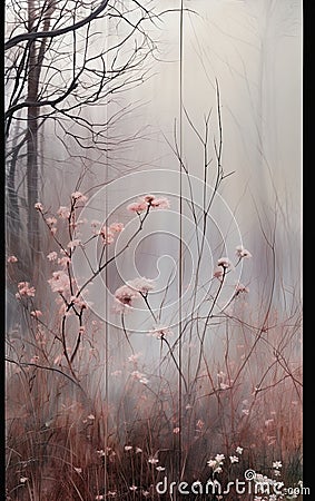 Ethereal Misty Forest with Delicate Pink Blossoms Stock Photo