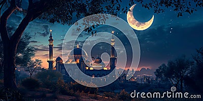 serene and mystical scene featuring the Crescent moon and a beautifully lit mosque, capturing the essence of a peaceful Stock Photo