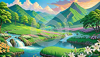 Serene nature mountain green valley simple landscape river Stock Photo