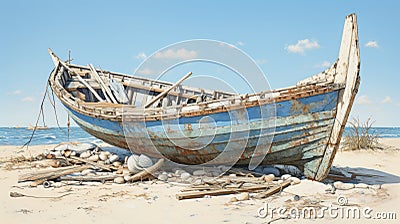 Serene nostalgia old fishing boat on sandy seashore, evoking tranquil coastal memories Cartoon Illustration