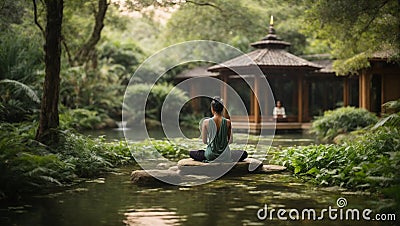 A serene oasis where individuals practice mindfulness, yoga and meditation Stock Photo