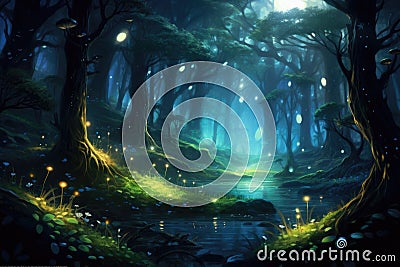 A serene painting of a lush forest, complete with a tranquil pond and enchanting fireflies, An enchanting moonlit forest with Stock Photo