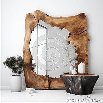 Reflective Serenity Wooden framed Mirror in a White Interior Vector Illustration