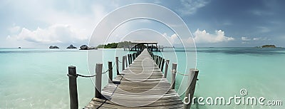 Serene Panorama: Wooden Pier Leading to a Thatched-Roof Hut Over Turquoise Ocean, ai generative Stock Photo