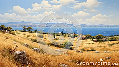 Realistic Mediterranean-inspired Painting Of A Greek Island Savanna Stock Photo