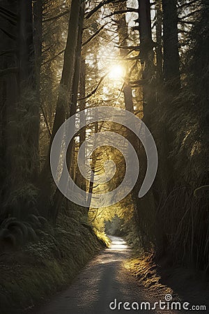 A serene path in a dense forest, illuminated by gentle sun rays piercing through the trees, evokes calm introspection Stock Photo