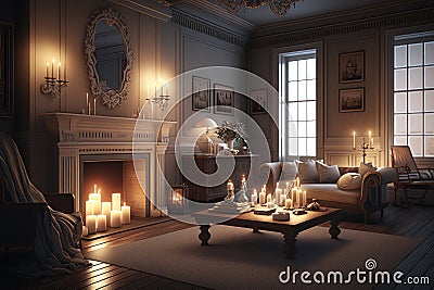 a serene and peaceful living room, filled with the warm glow of candlelight, and a burning fireplace Stock Photo