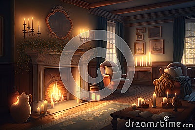 a serene and peaceful living room, filled with the warm glow of candlelight, and a burning fireplace Stock Photo