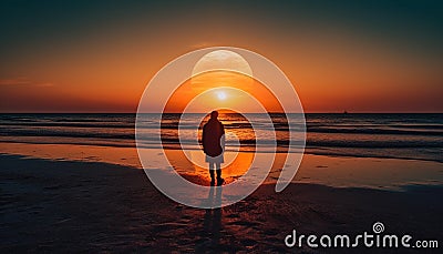 Serene people standing in solitude, looking at orange sunset reflection Stock Photo