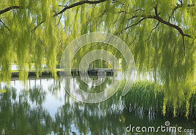 A serene pond framed by weeping willow trees, their branches gently touching the water. Stock Photo