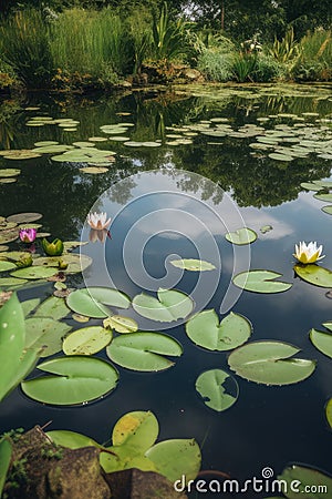 Serene Pond with Lush Lily Pads and Frogs Jumping Stock Photo