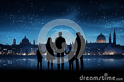 Serene Ramadan. Crescent Moon, Mosque Silhouette and Starry Sky Families Gather for Iftar Stock Photo