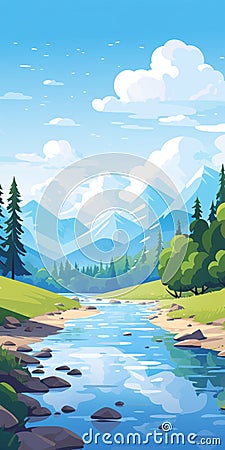 Serene River Landscape: A Whistlerian Illustration In Turquoise And Sky-blue Cartoon Illustration