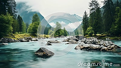 Serene River In The Mountains: A Captivating Scene Of Hazy Romanticism Stock Photo