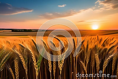 Rural landscape with golden wheat field at sunset. Nature background, organic farming concept Stock Photo