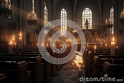 Serene scene of a candlelit church service Stock Photo