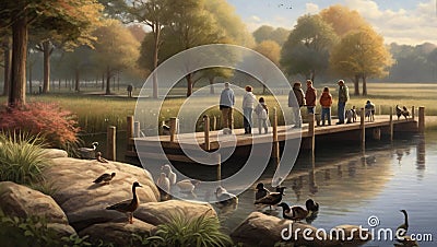 serene scene of a lakeside pier where a group of birdwatchers Stock Photo