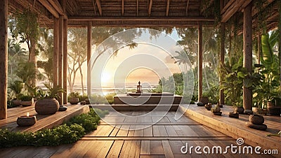 Serene scene of a meditation retreat wooden yoga place full of vegetation Stock Photo