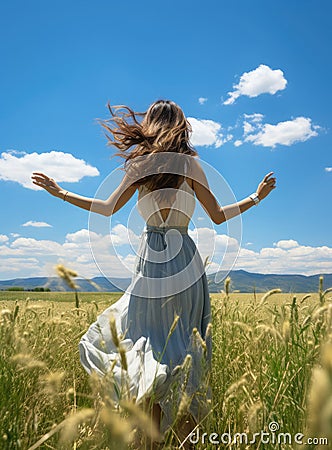 back view of a girl standing in a flower grass field with open arms freedom and fresh air blue sky Stock Photo