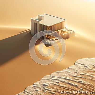 Simple, minimal villa sitting on golden sand, in front of sea Stock Photo