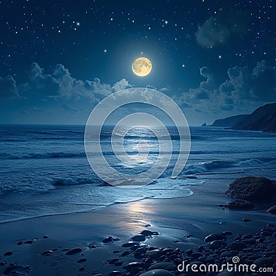 Serene sea, bright full moon night, captivating coastal landscape view Stock Photo