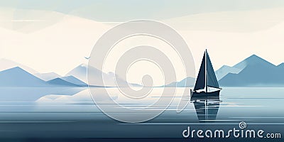 Serene and seascapes: A boat sailing in a deep and calm afternoon fjord. Cal arts disconnected shapes nordic Stock Photo