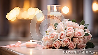 A Serene Setting: Pink Roses, Candles, and Dazzling Lights for a Stock Photo