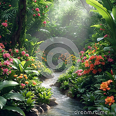 Serene Shores: The Floral Waterfall Sanctuaries Stock Photo