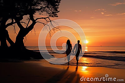 Serene Silhouette of couple at the sunset beach. Generate ai Stock Photo