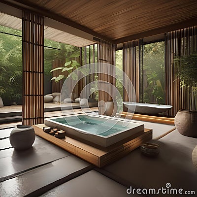 A serene spa retreat with bamboo elements, stone accents, and tranquil water features4 Stock Photo