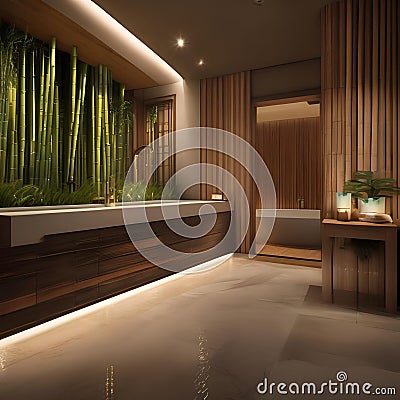 A serene spa retreat with bamboo elements, stone accents, and tranquil water features2 Stock Photo