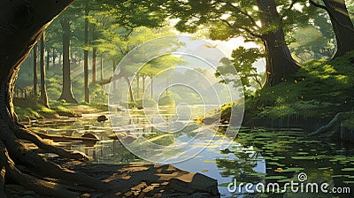 Beautiful Morning Stream With Canopy Tree In Makoto Shinkai Style Stock Photo