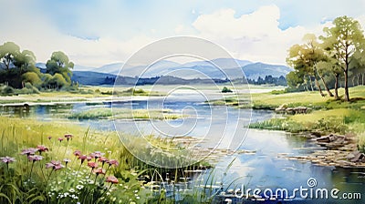 Serene Summer Day: Karst Painting Of Park, Lake, Field, And River Stock Photo