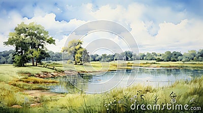 Serene Summer Meadow Painting With Park, Lake, Field, And River Stock Photo