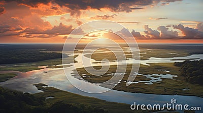 Serene Sunrise: A Birds-eye-view Of A Vibrant Coastal Marsh In South Carolina Stock Photo