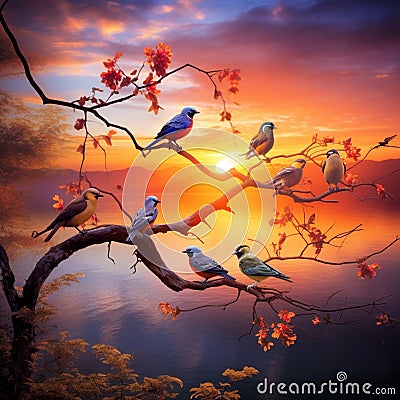Serene Sunrise with Colorful Birds in a Fantastical Orchestra Stock Photo