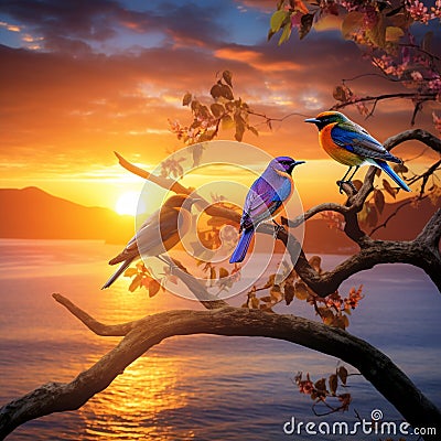 Serene Sunrise with Colorful Birds in a Fantastical Orchestra Stock Photo