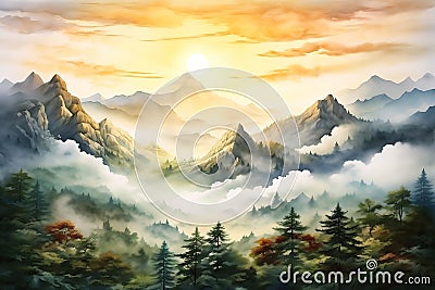 Serene Sunrise: A Majestic Mountain Landscape Above the Clouds Stock Photo