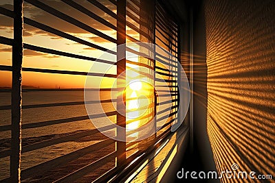 serene sunrise, with rays of sun shining through cracks in the window blinds Stock Photo