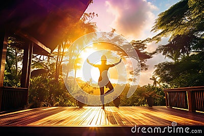 Serene Sunrise Yoga: Graceful Warrior Pose in Vibrant Purple Attire Stock Photo