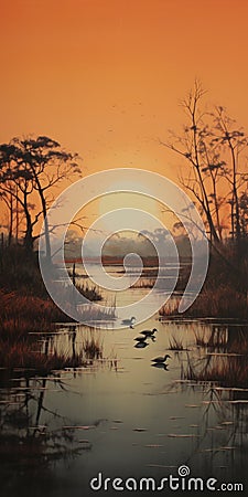 Serene Sunset: A Dark Orange And Light Black Painting Of Ducks In A Marsh Stock Photo