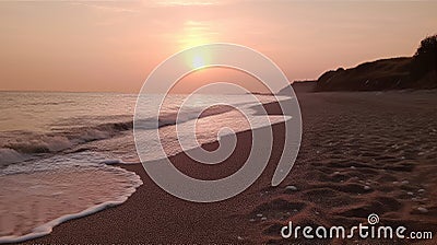 A serene sunset over a beach with soft pinks and oranges Stock Photo