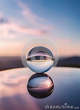A serene sunset over mountains, reflected in a crystal ball and water, with vibrant hues Stock Photo