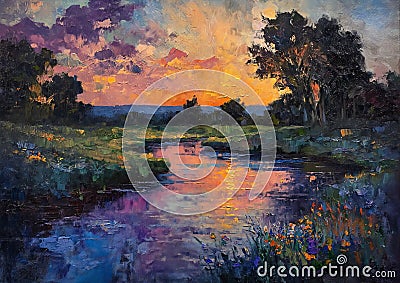 Serene Sunset: A Vibrant Palette of Lilac and Dusk Reflected in Stock Photo