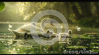 Serene swan family with cygnets in wide angle pond capture by photorealistic view Stock Photo