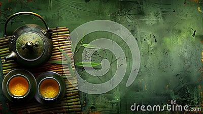 Serene Teapot and Cups on Bamboo Amidst Green Elegance Stock Photo