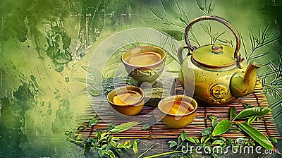 Serene Teapot and Cups on Bamboo Amidst Green Elegance Stock Photo